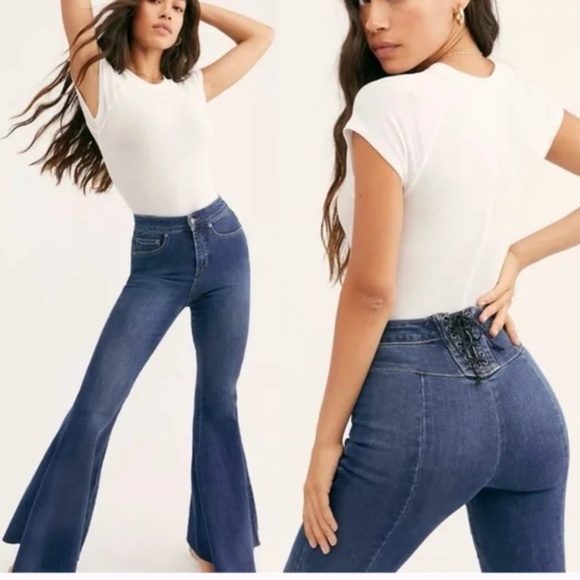 Free People Crvy Ma Cherie High Waist Flare Jeans In Indigo Blue Size 29 - Picture 6 of 16